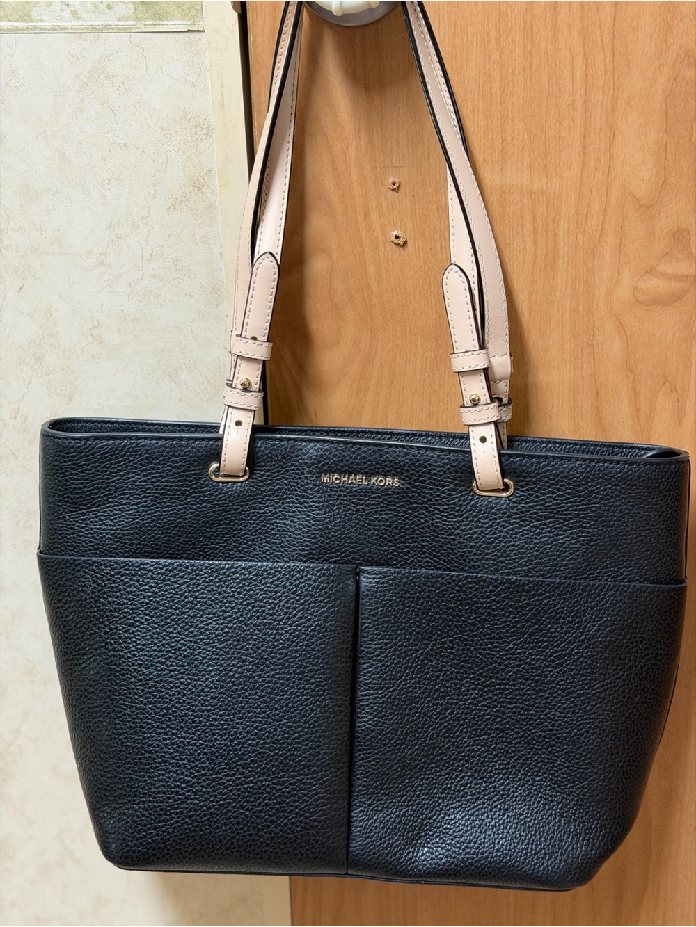 Michael Kors Black Pebbled Leather Tote with Beige Straps